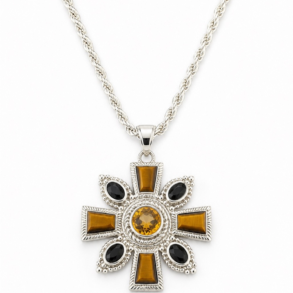JUDITH RIPKA 925 Sterling Silver Citrine Tiger’s Eye Onyx Maltese Pendant - Picture 11 of 14